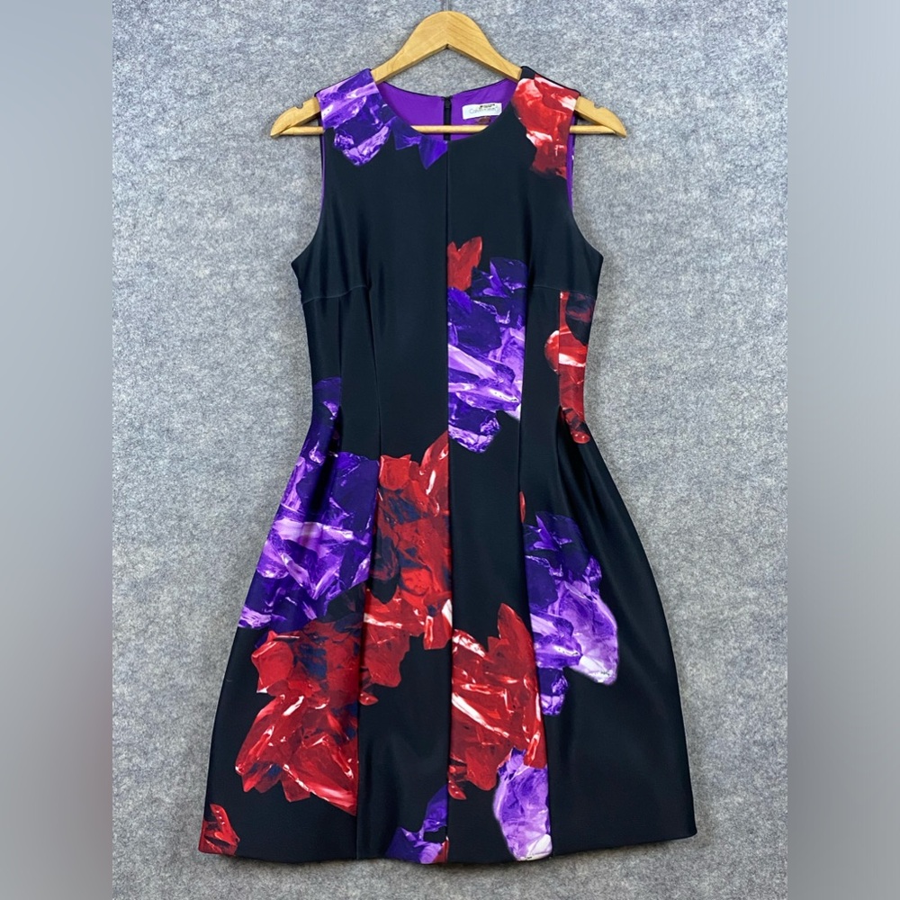 Calvin Klein Scuba Dress Size 4 Floral Black Red Purple‎ Sleeveless Knee Length